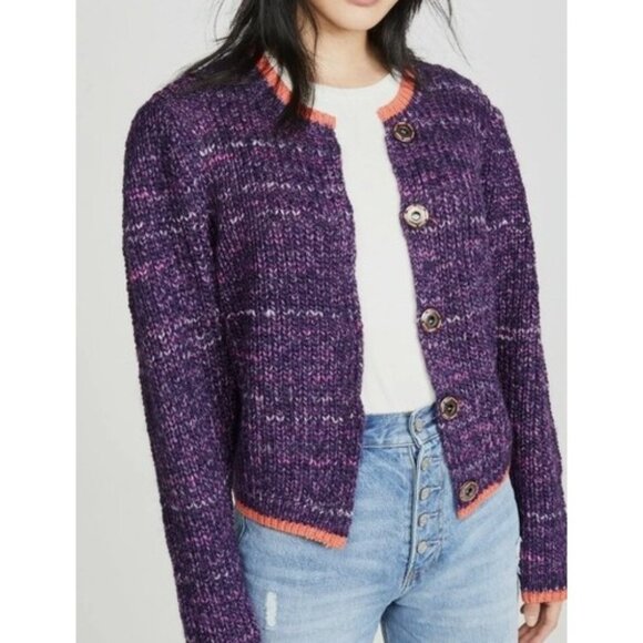 NWT FREE PEOPLE XL WALK ON BY PURPLE ORANGE SNAP YARN BOXY CARDIGAN SWEATER TOP - Picture 2 of 12